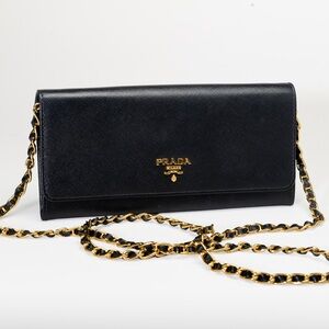 Prada Black Leather Clutch with Gold Chain